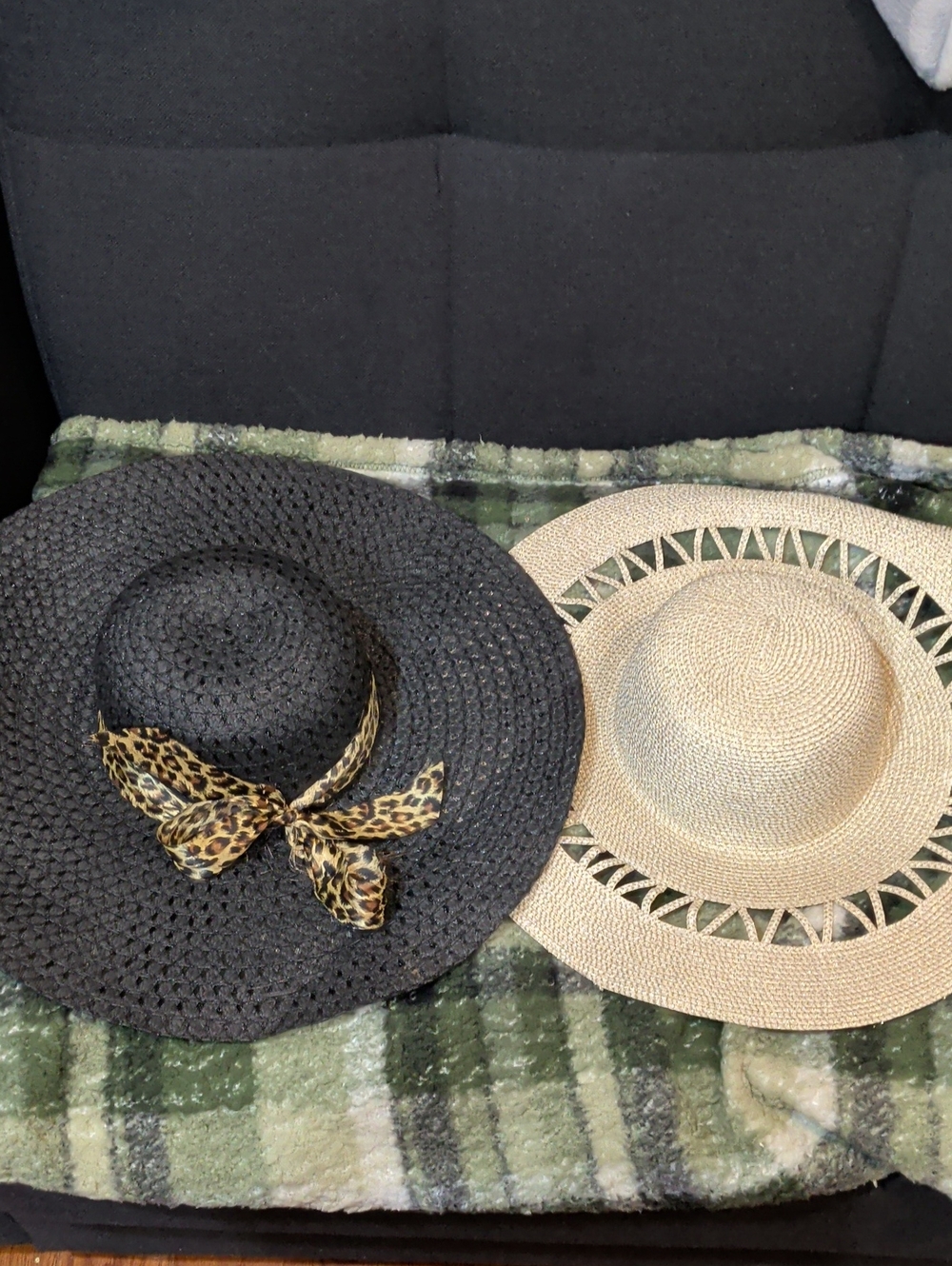 Black and Natural Straw Sun Hats with Leopard Scarf Accent